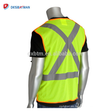 Venta al por mayor de alta visibilidad chaleco de seguridad de color naranja amarillo chaleco de bolsillo Hi-Vis ropa de trabajo con X-Back cintas reflectantes delante cremallera